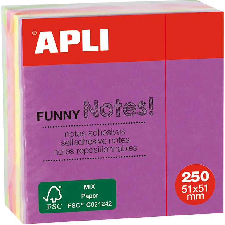 Cub notite adezive Apli, 51x51mm, 250 file, 5 culori neon