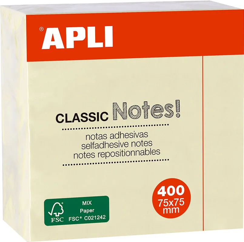Cub notite adezive Apli 75 x 75 mm 400 file galben