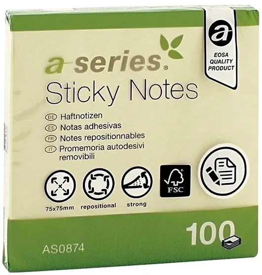 Notite adezive, A-Series, 75 x 75 mm, galben, 100 file