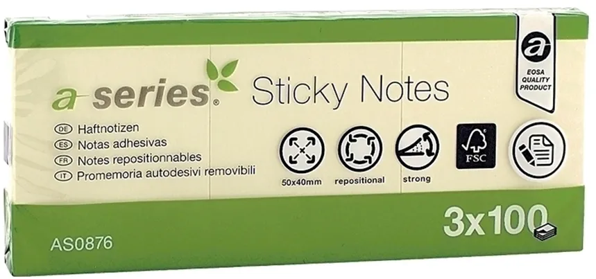 Notite adezive, A-Series, 50 x 40 mm, galben, 100 file, 3 bucati/set