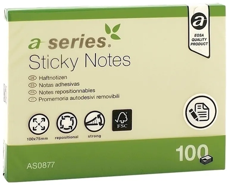 Notite adezive, A-Series, 100 x 75 mm, galben, 100 file