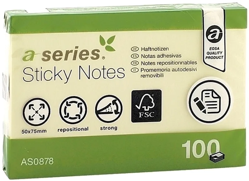 Notite adezive, A-Series, 50 x 75 mm, galben, 100 file