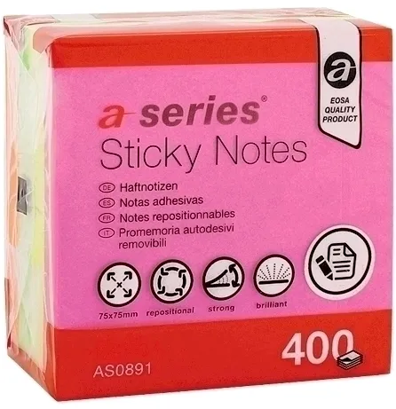Notite adezive, A-Series, 75 x 75 mm, 400 file, 4 culori