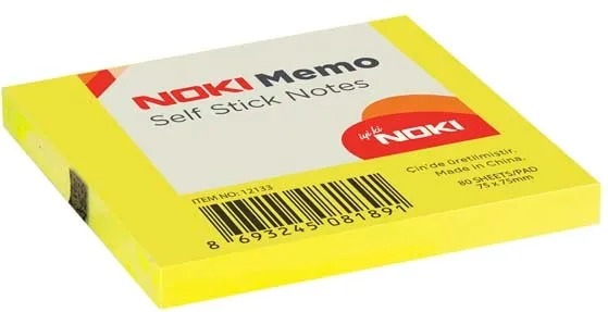 Notite adezive, Noki, 75 x 75 mm, galben, 100 file/set