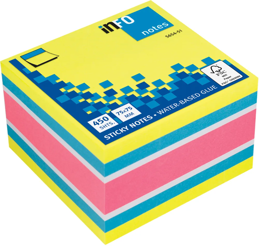 Notite adezive InFO, 75x75 mm, roz/albastru/alb/galben