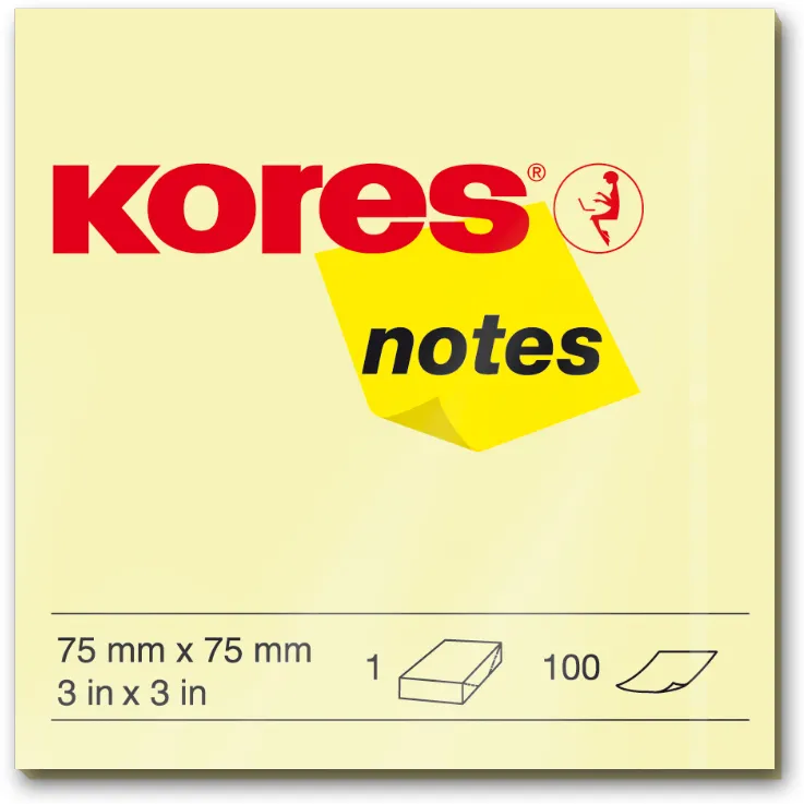 Notite adezive, Kores, 75 x 75 mm, galben, 100 file