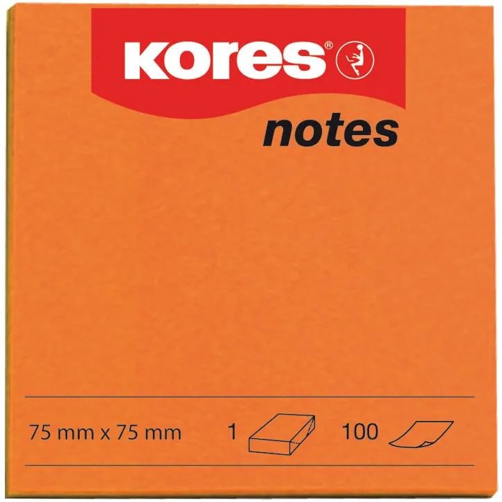 Notite adezive, Kores, 75 x 75 mm, portocaliu, 100 file