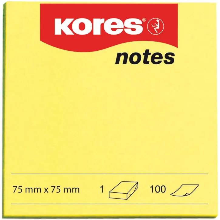 Notite adezive, Kores, 75 x 75 mm, galben neon, 100 file