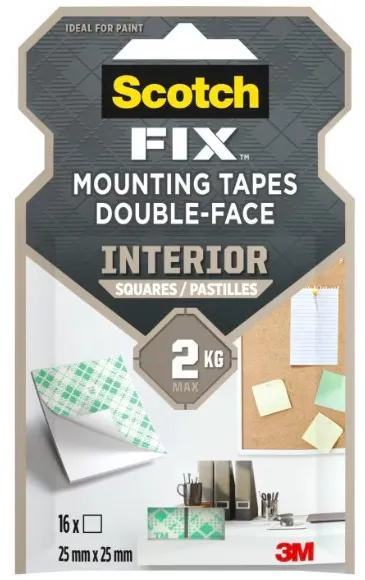Benzi dublu adezive pretaiate montare interior Scotch-Fix™ 3M, albe, 25 x 25 mm, 16 bucati/pachet