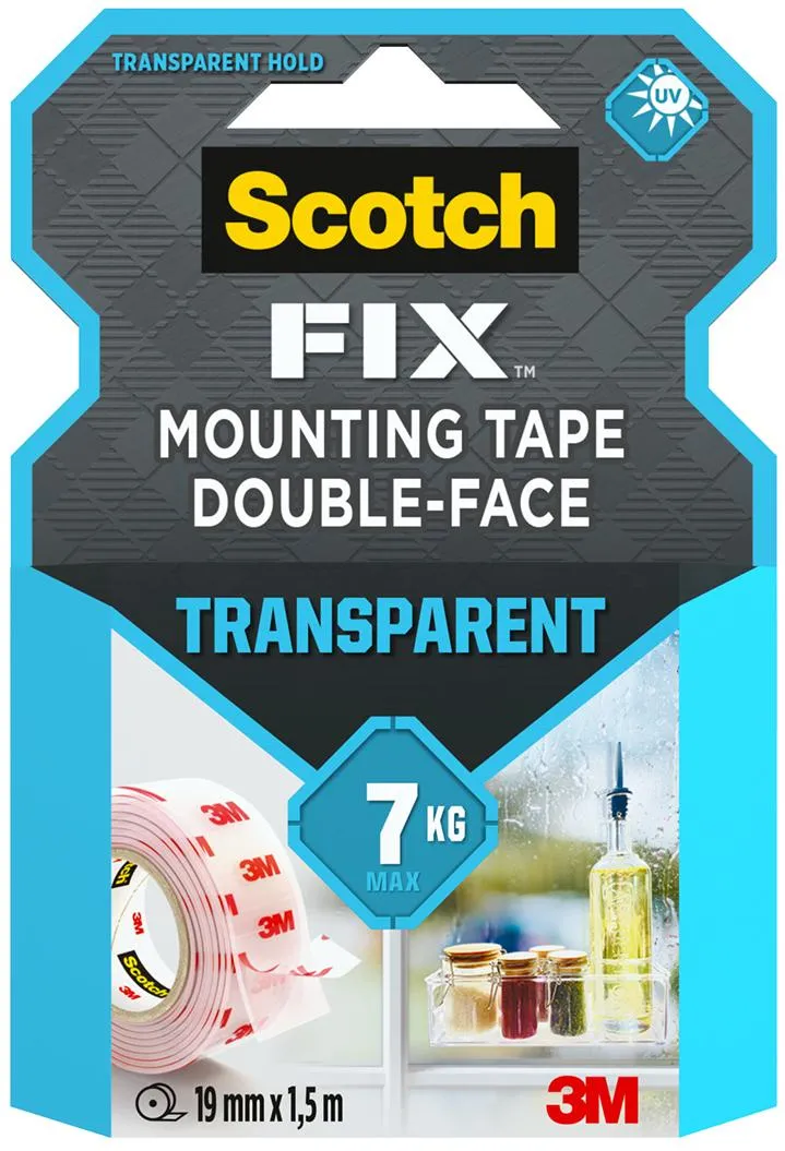 Banda dublu adeziva transparenta pentru montare Scotch-Fix™,19 mm x 1.5 m, 1 rola/pachet