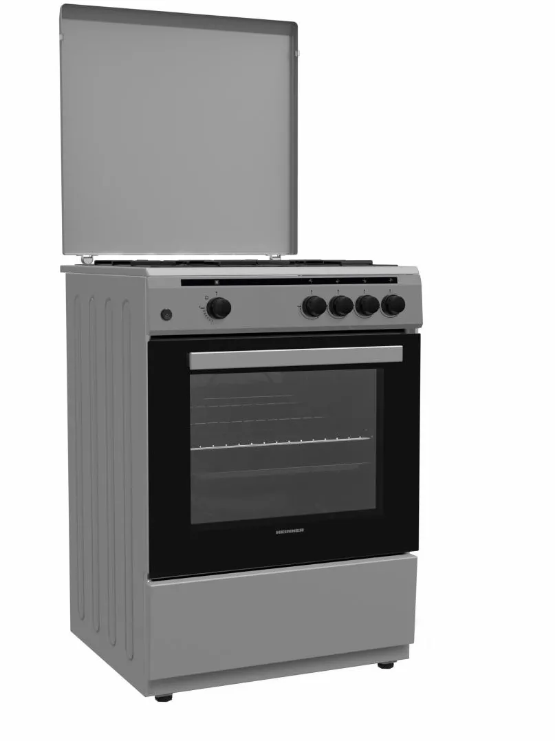 Aragaz Gaz HFSC-V60SL, 4 arzatoare, Gaz, Aprindere electrica, Dispozitiv de siguranta plita si cuptor, Duze GPL incluse, 60 cm, Argintiu