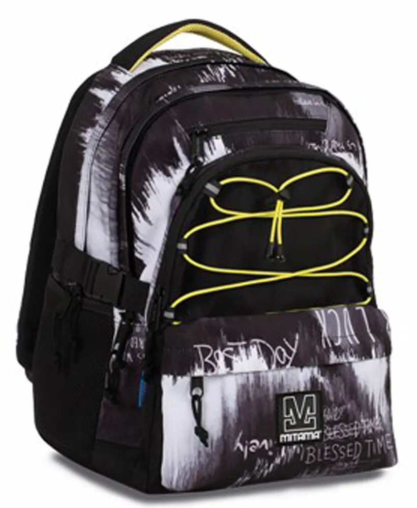 Ghiozdan Mitama, 3 compartimente, design alb cu negru, 43 x 32 x 22 cm