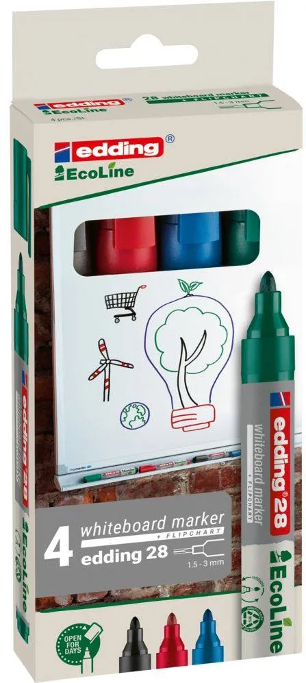 Marker pentru tabla Edding 28, ecologic, varf rotund, 1.5-3 mm, 4 culori/set (negru, rosu, albastru, verde)