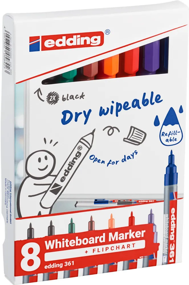 Marker pentru tabla edding 361, varf rotund, 1 mm, set 8 culori asortate: 2x negru, 1x rosu, 1x albastru, 1x verde, 1x portocaliu, 1x maro, 1x violet