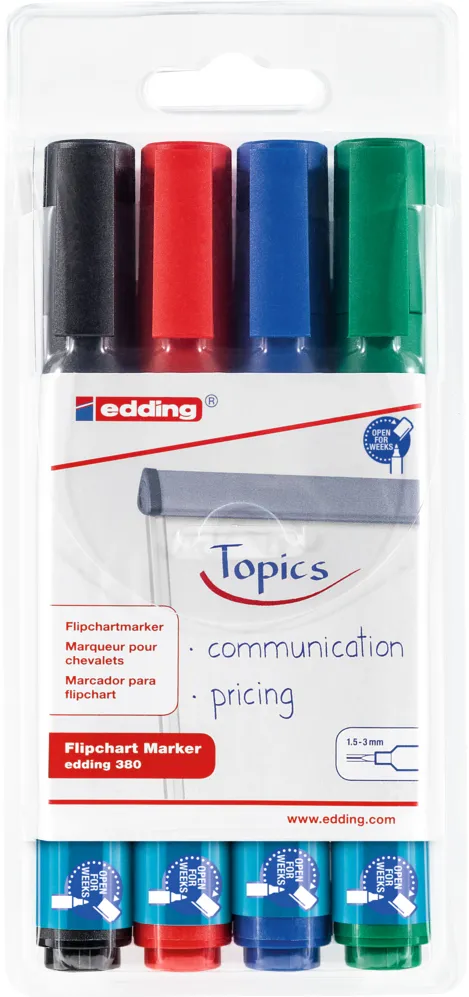 Marker Edding 380 pentru flipchart, varf rotund, 1.5-3 mm, 4 culori/set (negru, albastru, rosu, verde)