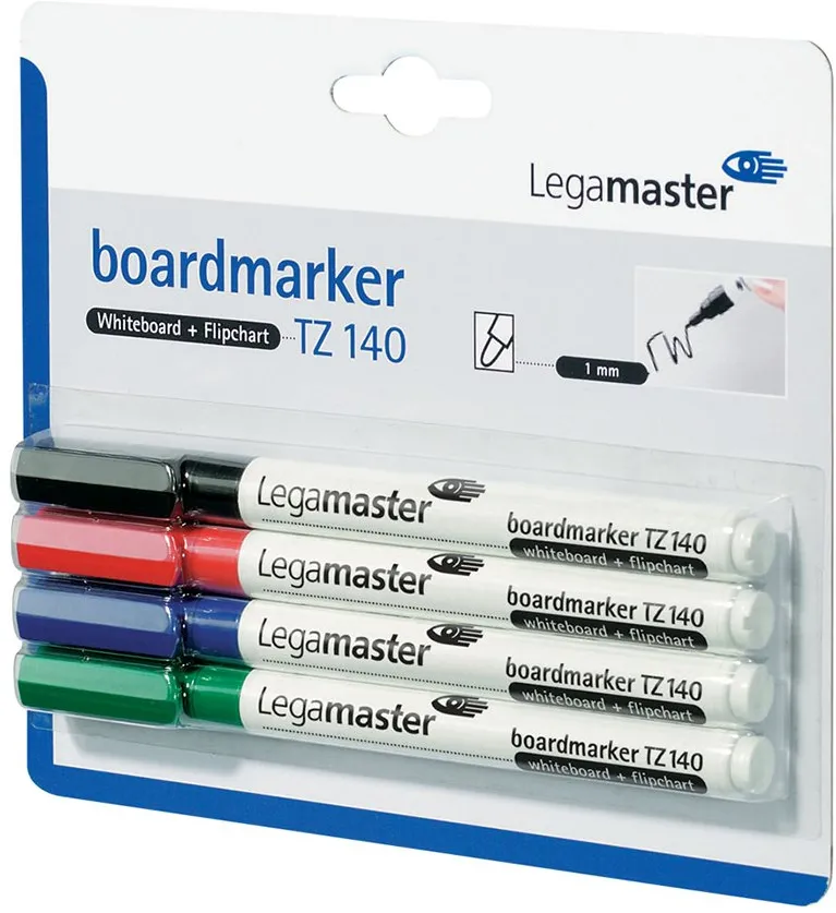 Marker pentru tabla Legamaster TZ140, varf rotund, 1 mm, 4 culori/set (negru, rosu, albastru, verde)