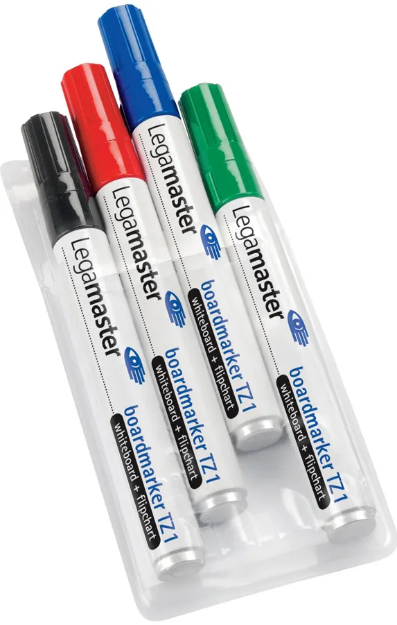 Marker pentru tabla Legamaster TZ1, varf rotund, 1.5-3 mm, 4 culori/set (negru, rosu, albastru, verde)