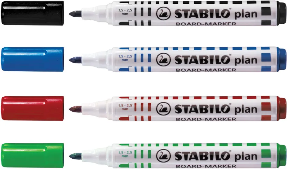 Marker pentru tabla Stabilo Plan 64, varf rotund, 2.5-3.5mm, 4 bucati/set ( negru, rosu, albastru, verde)
