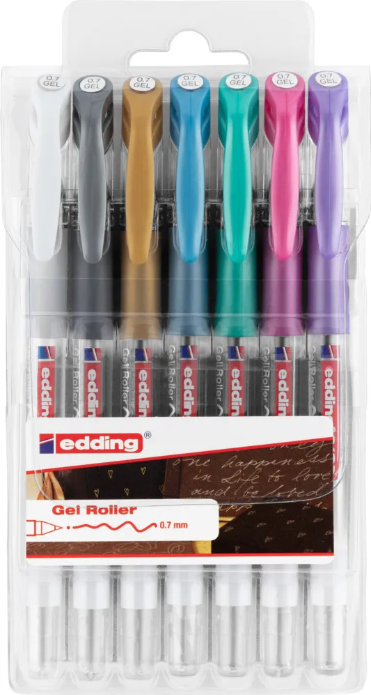 Roller gel edding 2185, varf 0.7 mm, set 7 culori, alb, auriu, argintiu, albastru metalic, verde metalic, roz metalic, violet metalic