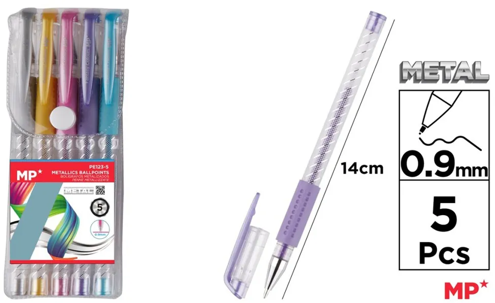 Set 5 rollere cu gel Main Paper, varf 0.9 mm, culori metalizate