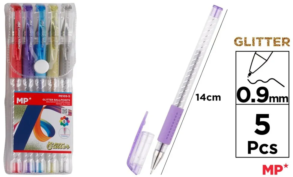 Set 5 rollere cu gel Main Paper, varf 0.9 mm, culori glitter