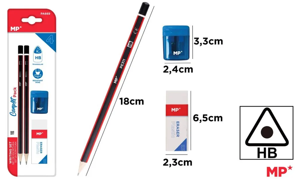 Set 2 creioane Main Paper, HB, radiera, ascutitoare cu container, blister