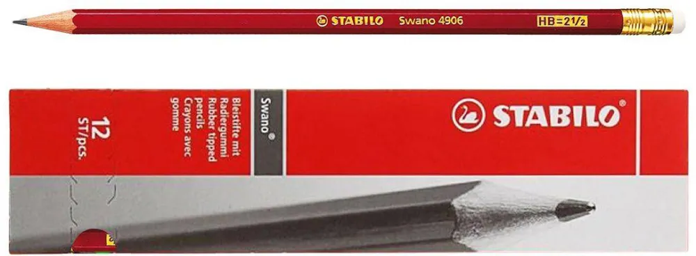 Creion grafit Stabilo Swano 4906, mina HB, cu radiera, rosu, ascutit