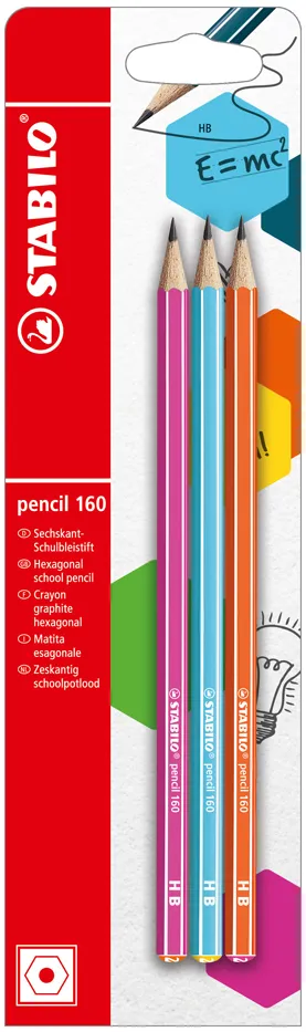 Creion grafit Stabilo 160, 2.2 mm, HB, fara radiera, corp roz, bleu, portocaliu, set 3 bucati / blister