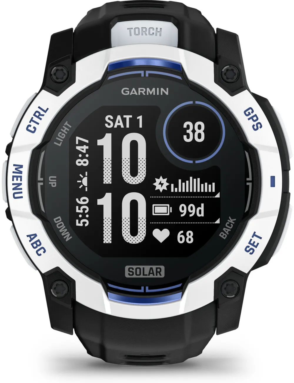 Garmin - Instinct 3 - 50 mm Solar - Whitestone with Black | Bolt Blue Band