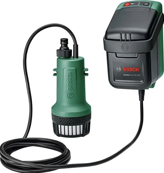 Pompa de apa pluviala pe acumulator Bosch GardenPump 06008C4203, 18 V, 33.3 l/min debit maxim, 2.5 m lungime furtun conectare, 1.8 m adancime maxima rezervor, 30 min timp functionare maxim, fara acumulator/incarcator