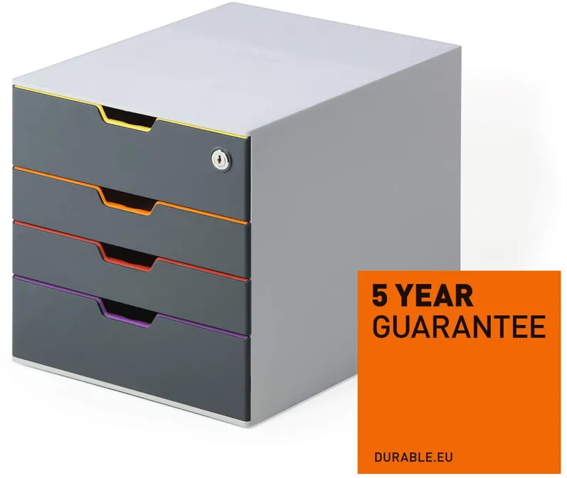 Organizator 4 sertare Durable Varicolor cu sistem inchidere, gri/multicolor