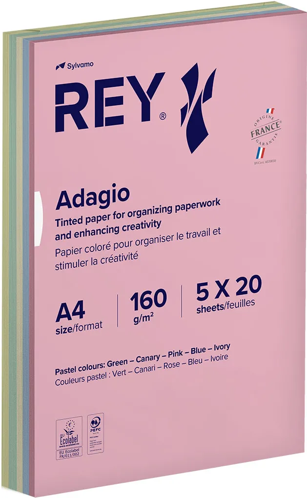 Carton color REY Adagio, A4, 160g, mix, 5x20 coli, culori pastel