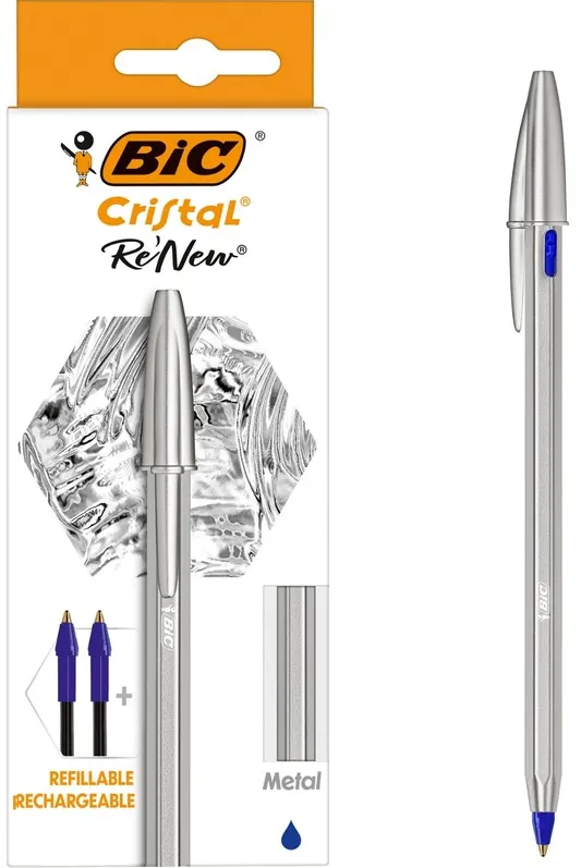 Pix BIC Cristal Re'New Metalic, corp metalic, albastru, 1.0 mm, 1 pix + 2 rezerve