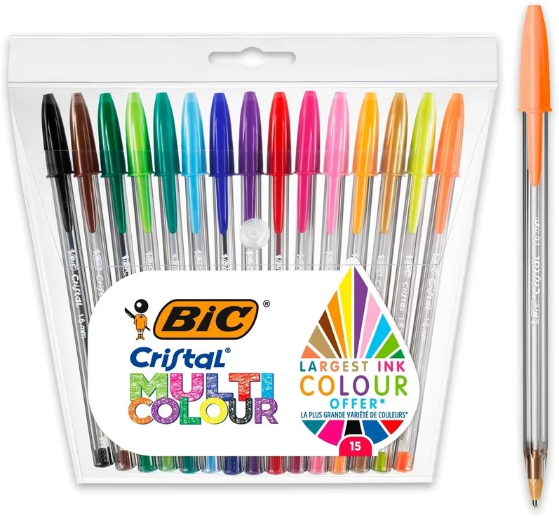 Set pixuri BIC Cristal Multicolours, 15 culori, varf 1.6 mm, scriere 1.0 mm