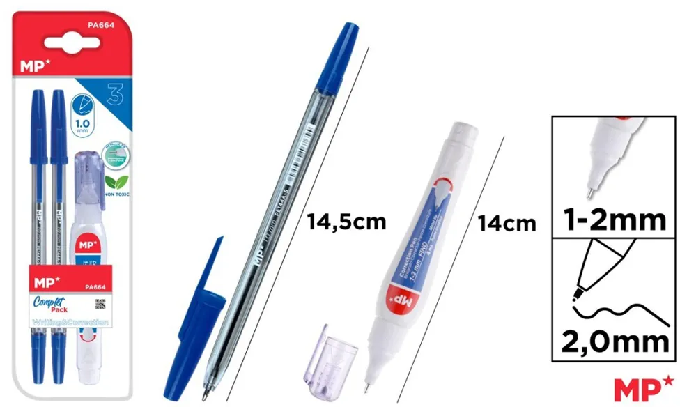 Set 2 pixuri albastre Main Paper, varf 1 mm, creion corector 4 ml, blister