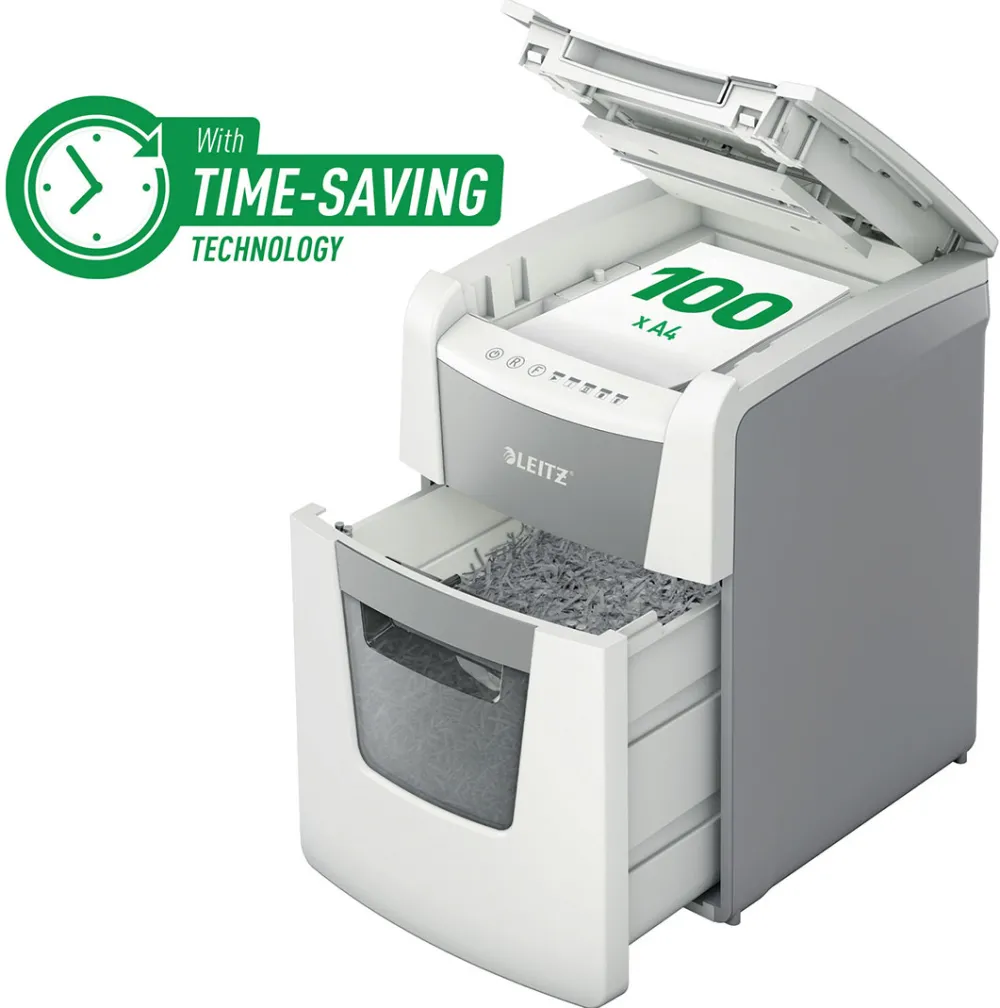Distrugator documente automat Leitz IQ Small Office P4, crosscut 100 coli, cos 34l, alb/gri