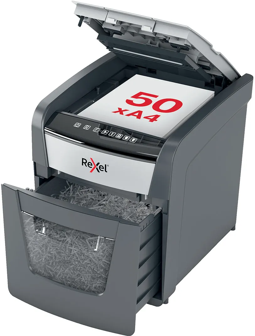 Distrugator documente automat REXEL OPTIMUM 50X P4, crosscut confeti, 50 coli, cos 20l, negru/gri