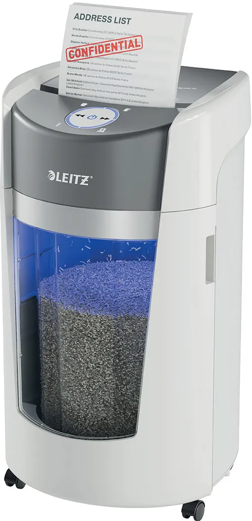 Distrugator documente manual Leitz OptiMax, P5, micro-cut, 10 coli, cos 35l, alb-gri
