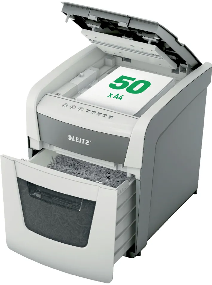 Distrugator documente automat Leitz IQ Small Office, P4, cross-cut, 50 coli, cos 20l, silentios, alb-gri