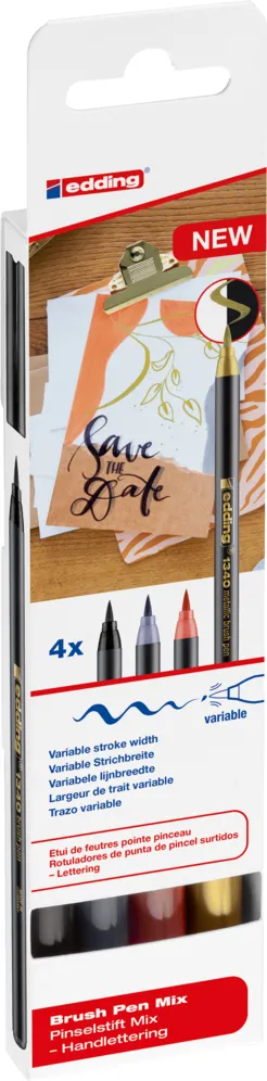 Set markere pensula Edding 1340, 4 culori, varf flexibil 1-6 mm, pentru scriere si desen