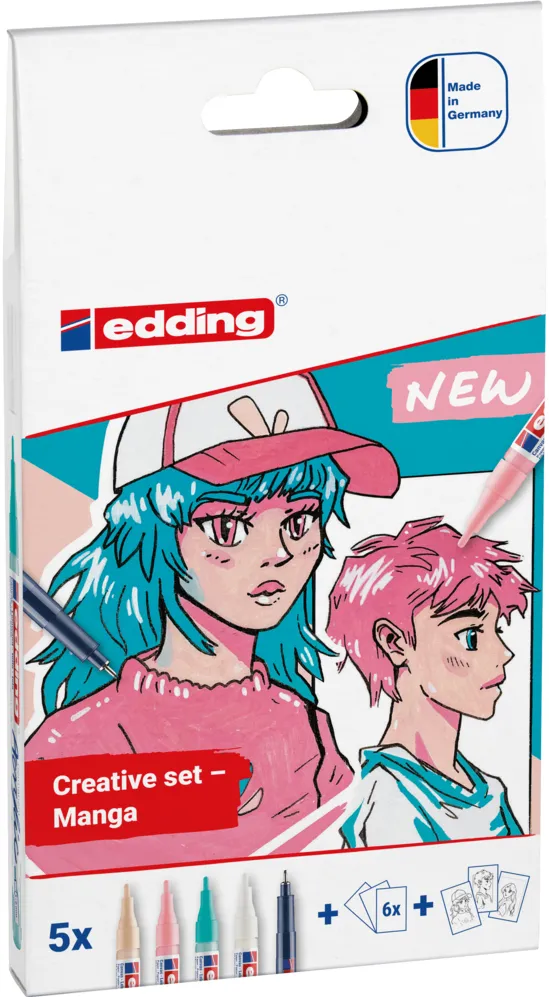 Set markere acrilice Edding 5300/1800, 5 piese, culori variate, pentru desen manga, include accesorii și instrucțiuni