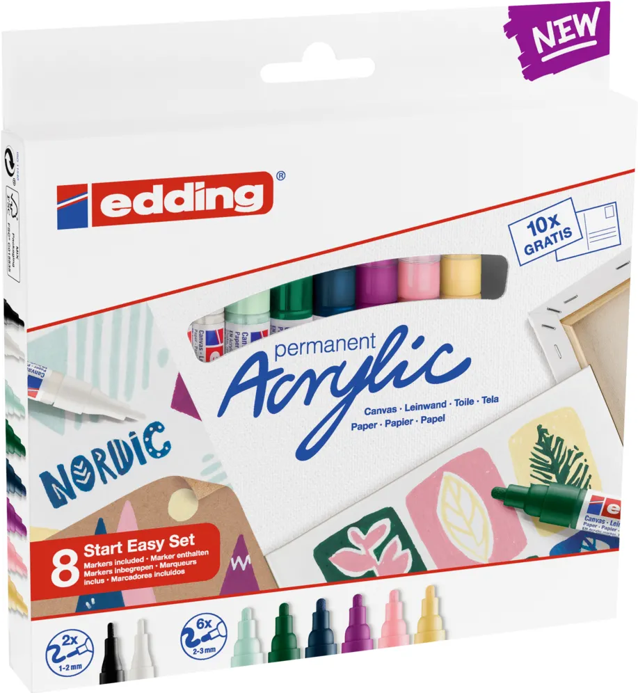 Set markere acrilice Edding Start Easy, 8 bucati, varf fin si mediu, ideal pentru pictura pe panza sau lemn