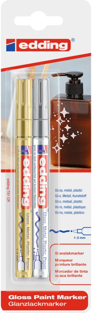 Marker cu vopsea Edding 751, corp metalic, varf rotund 1-2 mm, pachet 2 bucati auriu/argintiu