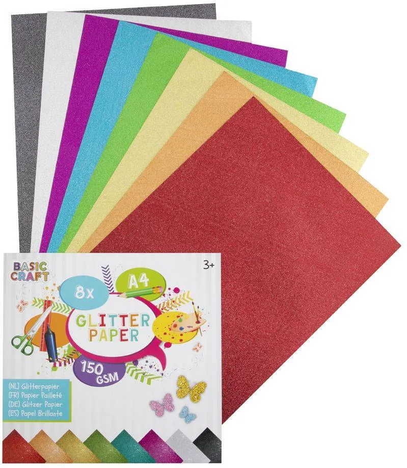 Set 8 coli carton glitter Basic Craft, 170g, diverse culori