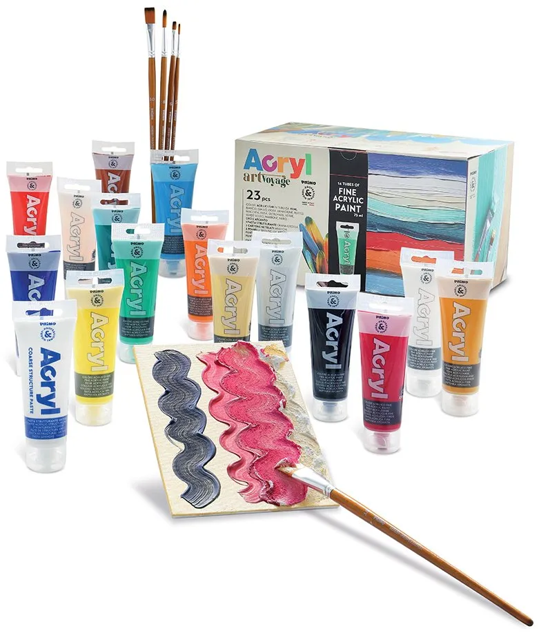 Set de acrilice Primo, 75 ml, diverse culori, 14 culori, 1 pasta