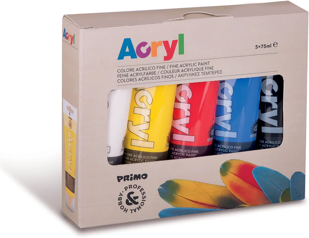 Tempera acrilica Morocolor Primo 75 ml, 5 culori de baza: alb, galben, rosu, albastru