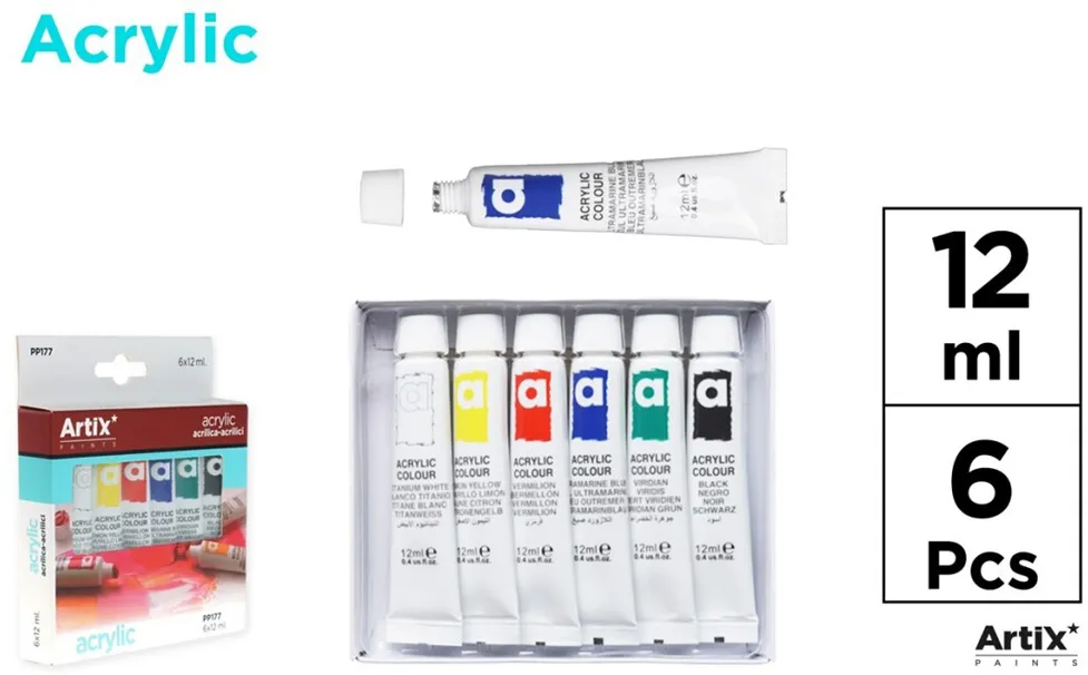Tempera acrilica Artix, 12 ml, 6 culori
