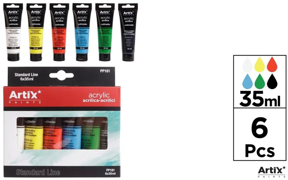 Tempera acrilica Artix, 35 ml, 6 culori