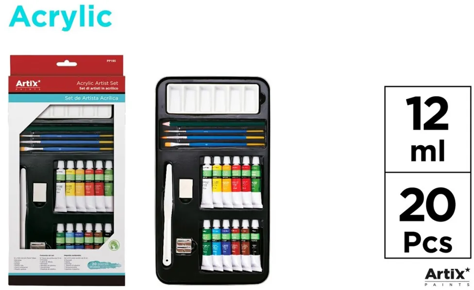 Setul artistului Artix, 12 tempera, 3 pensule, 1 spatula, 1 creion, 1 ascutitoare, 1 radiera