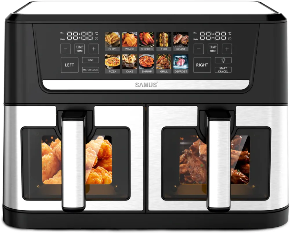 Friteuza cu aer cald AF12TWIN-S2800DW, 2800 W, 12 l, Doua cosuri independente de cate 6 litri cu interior antiaderent si fereastra, Timer, 10 programe, Afisaj electronic color